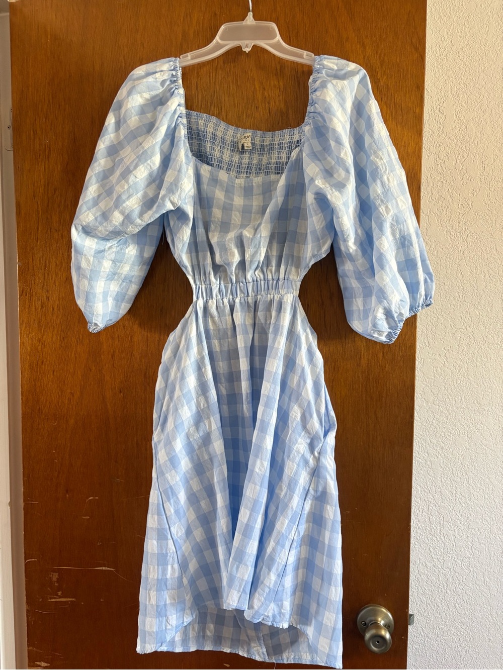 Light Blue Gingham Puff Sleeve Dress